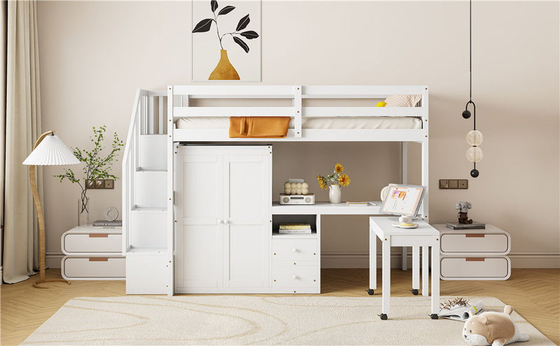 Loft Bed With Stairs, Bookshelf, Drawers, Desk & Wardrobe, Space Saving Multifunctional Furniture