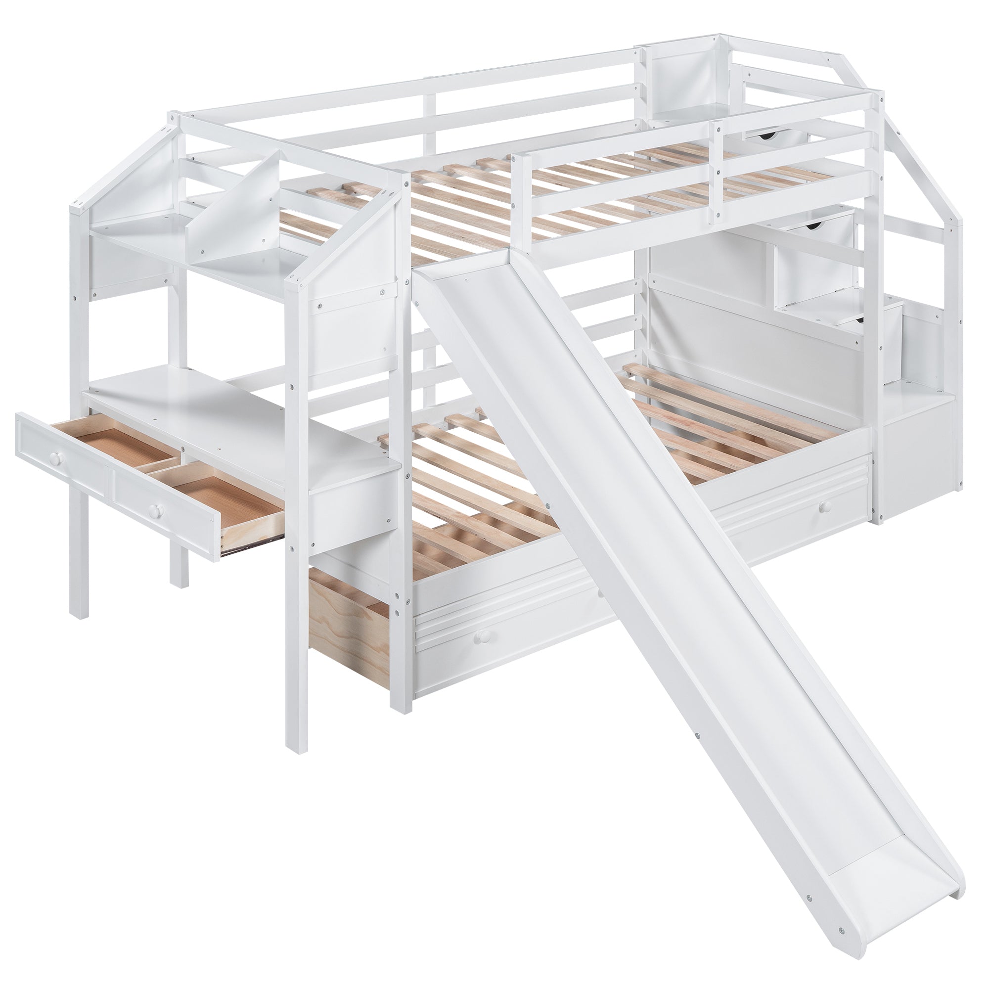 Twin over Twin Bunk Bed with Storage Staircase, Slide and Drawers, Desk with Drawers and Shelves, White - Atlantic Fine Furniture Melbourne FL