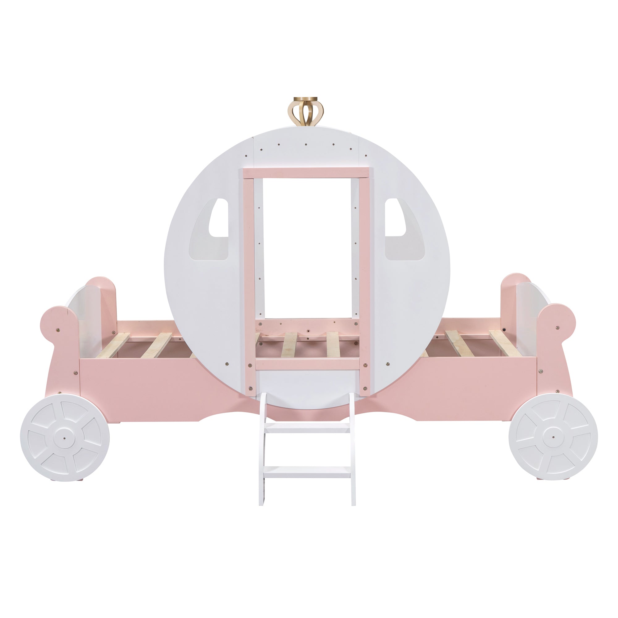 Twin size Princess Carriage Bed with Crown ,Wood Platform Car Bed with Stair,White+Pink - Atlantic Fine Furniture Melbourne FL