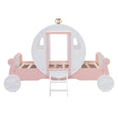 Twin size Princess Carriage Bed with Crown ,Wood Platform Car Bed with Stair,White+Pink