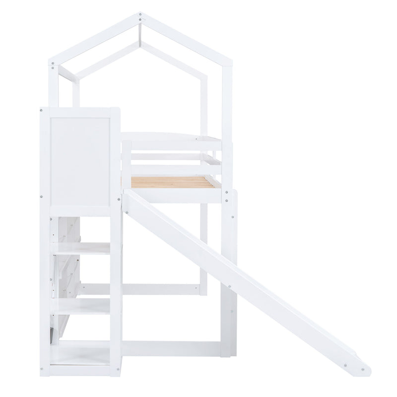 House Loft Bed With Slide, Storage Shelves And Light, Climbing Ramp