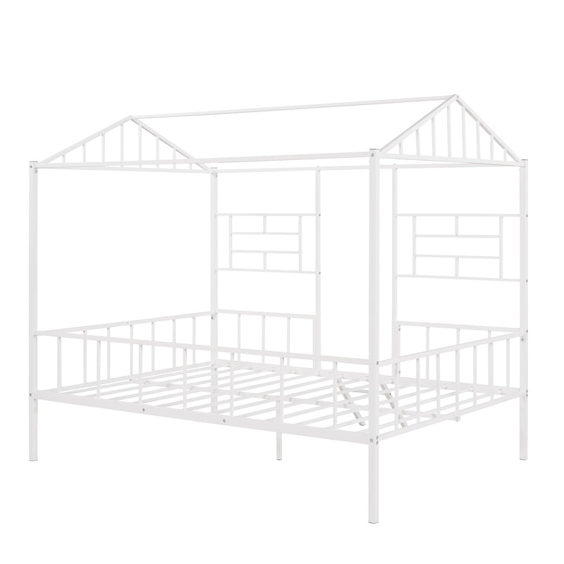Metal House Bed Frame Full Size with Slatted Support No Box Spring Needed White