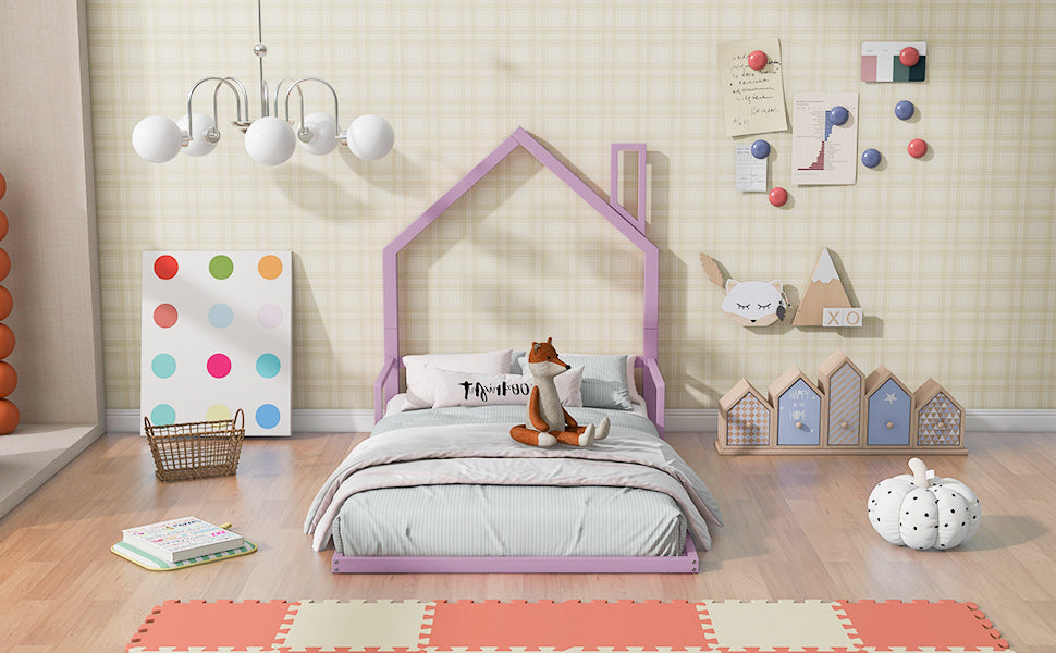 Twin Size Metal Floor Bed with House-shaped Headboard, Pink - Atlantic Fine Furniture Melbourne FL