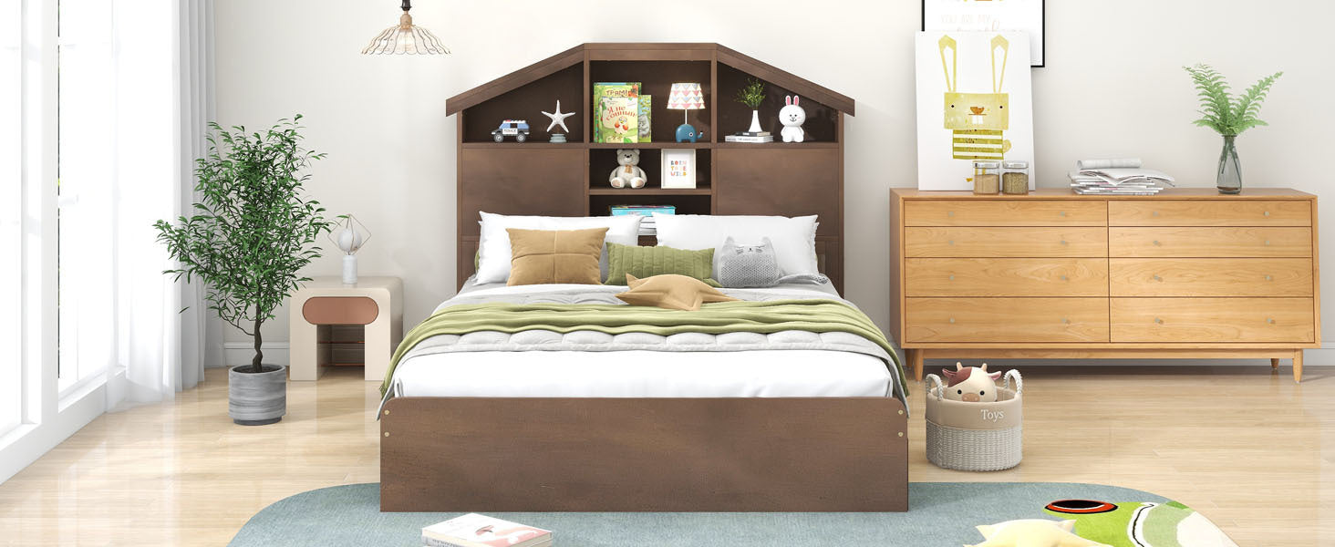 Full Size Wood Platform Bed with House-shaped Storage Headboard and 2 Drawers, Walnut - Atlantic Fine Furniture Melbourne FL