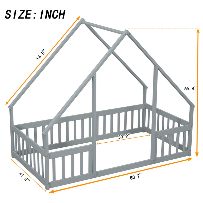 Wood House-Shaped Floor Bed With Fence, Guardrails