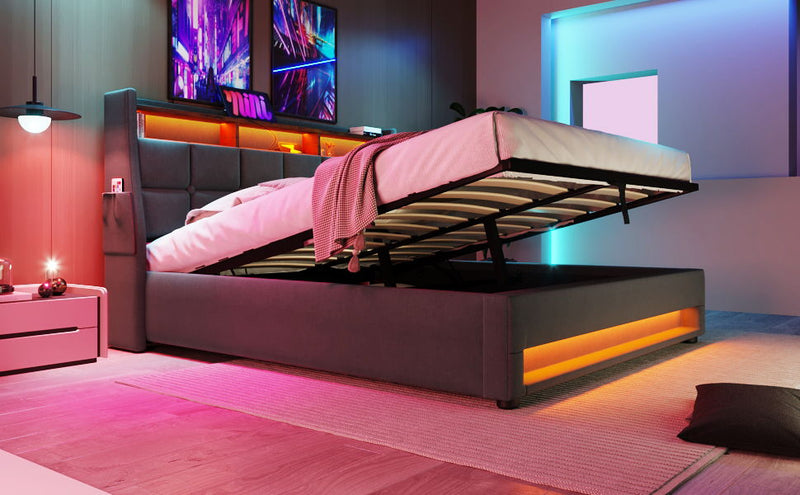 Upholstered Platform Bed With A Hydraulic Storage System, LED And USB Charging (Without Mattress)