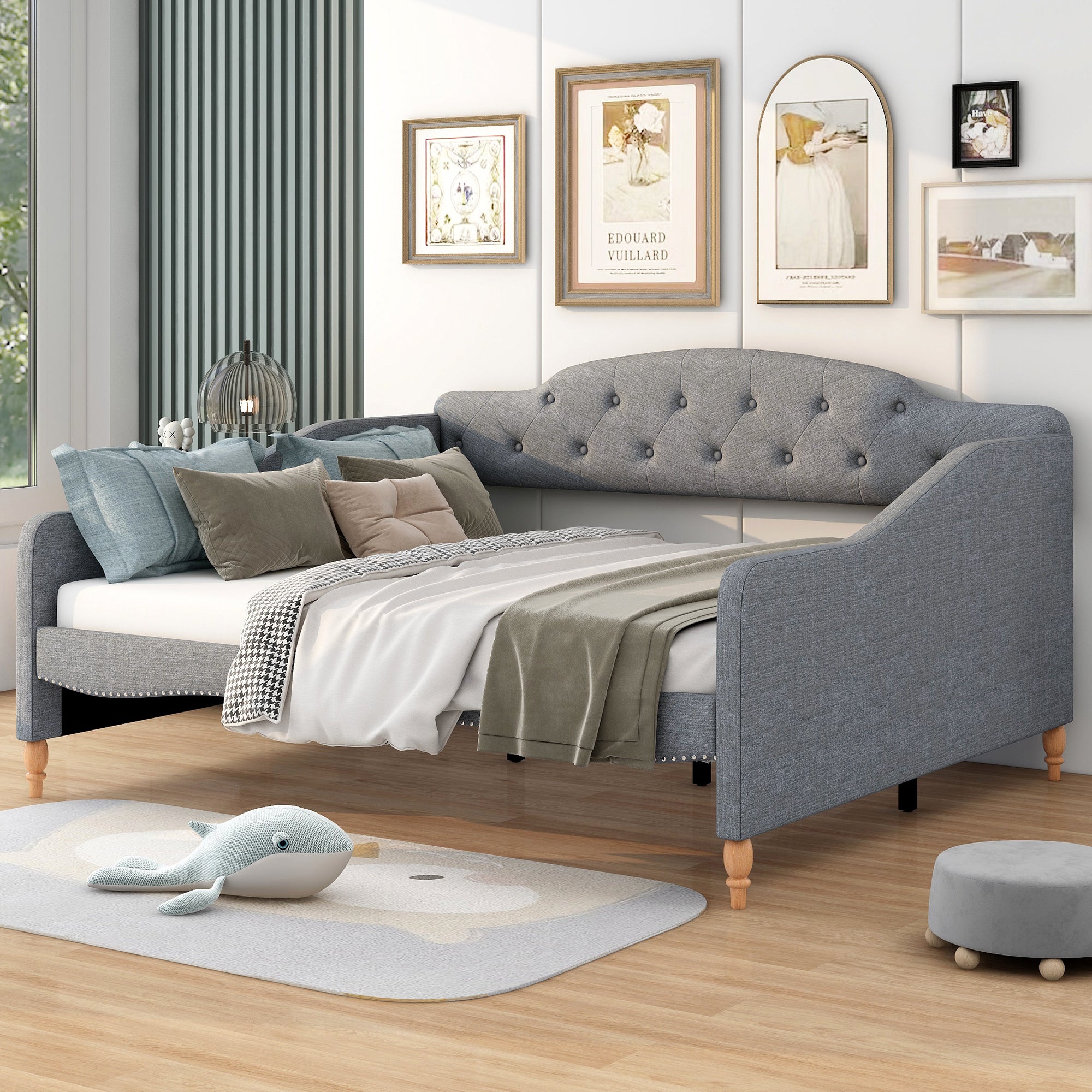 Full Size Vintage Upholstery Daybed with Button Tufted Backrest, Gray - Atlantic Fine Furniture Melbourne FL