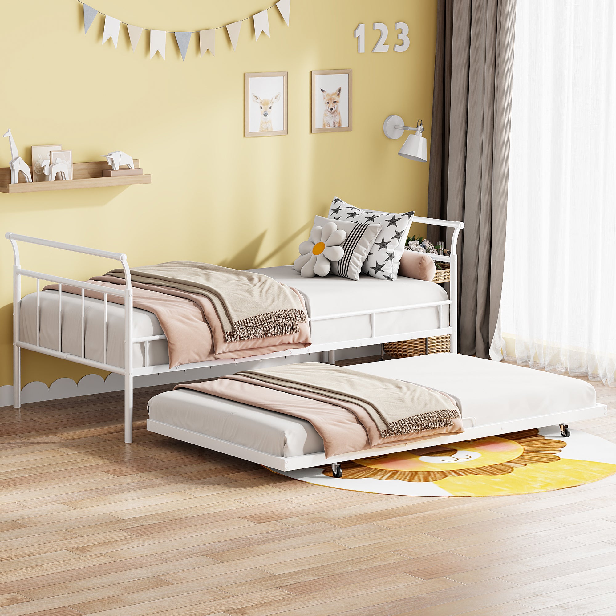 Twin Size Metal Daybed with Curved Handle Design and Twin Size Trundle, White - Atlantic Fine Furniture Melbourne FL