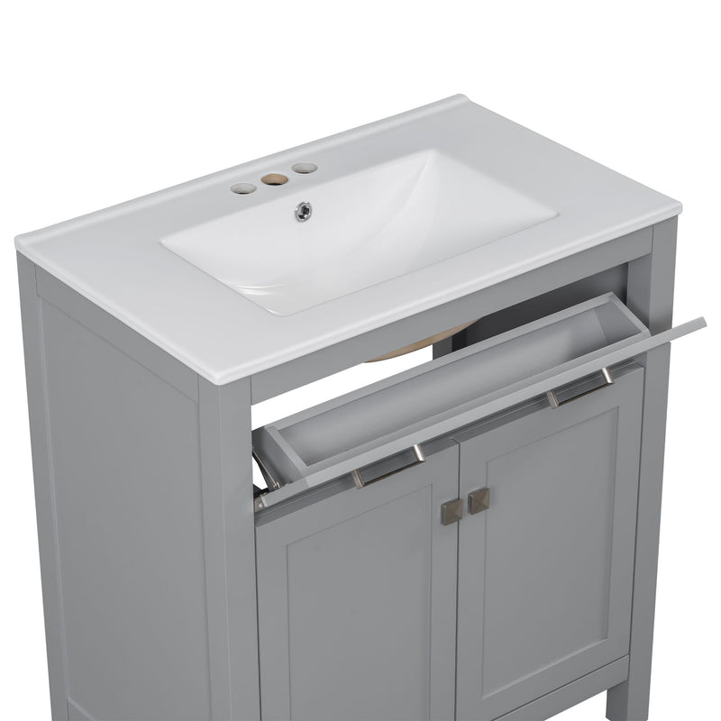 Bathroom Vanity With Ceramic Sink, Modern Single Bathroom Cabinet With 2 Doors And A Shelf, Soft Close Doors