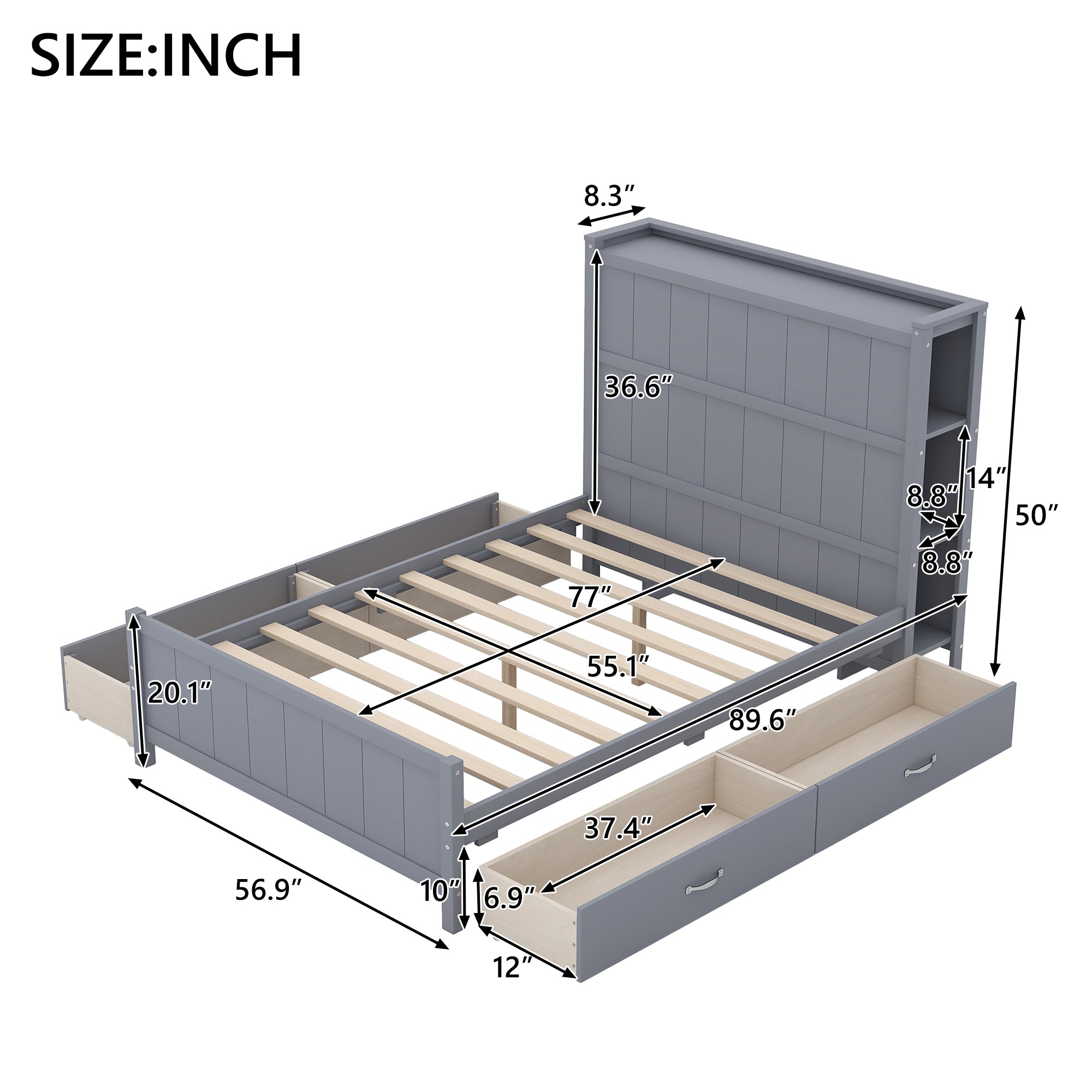 Full Size Platform Bed with Drawers and Storage Shelves, Gray - Atlantic Fine Furniture Melbourne FL