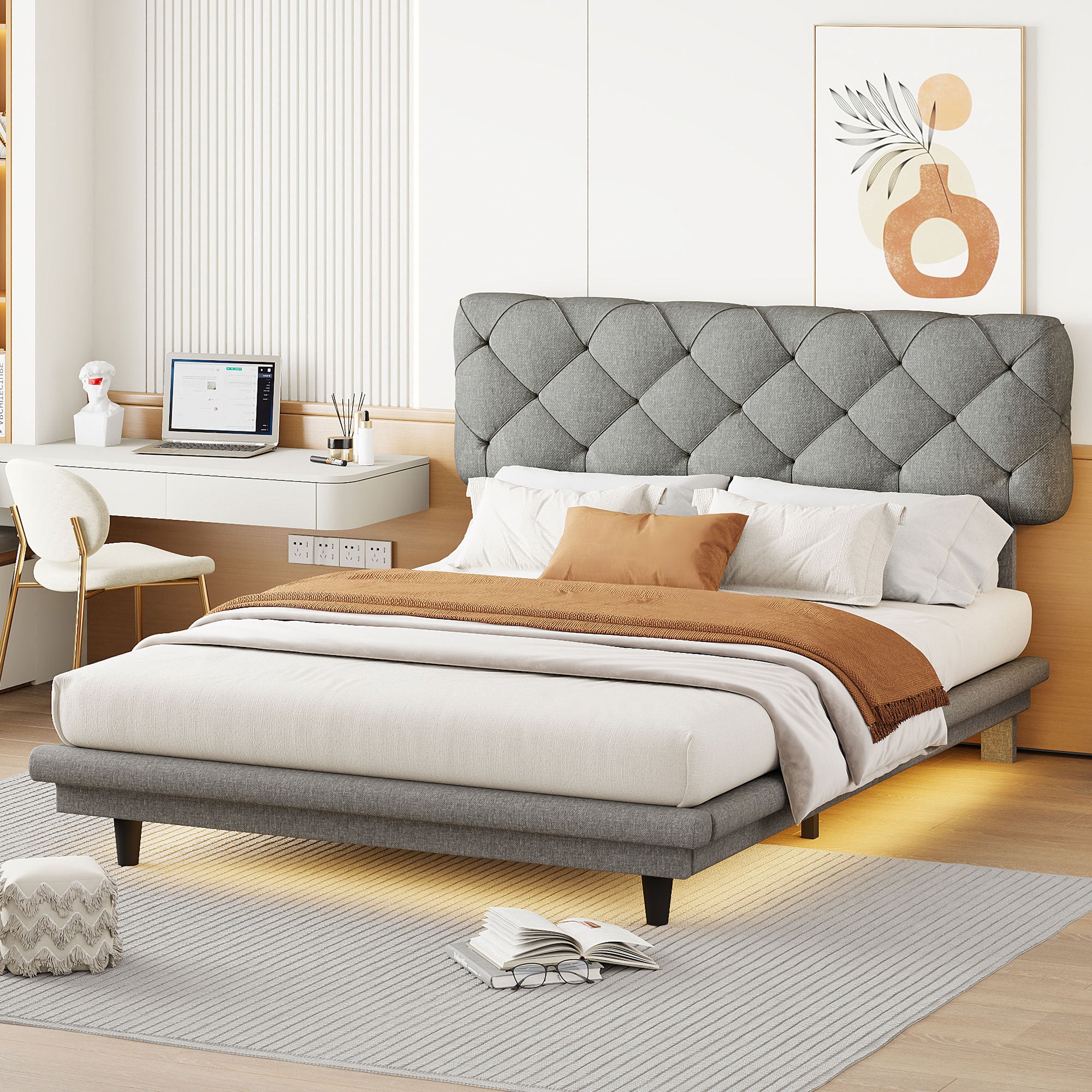 Full Size Upholstered Bed with Light Stripe, Floating Platform Bed, Linen Fabric,Gray - Atlantic Fine Furniture Melbourne FL