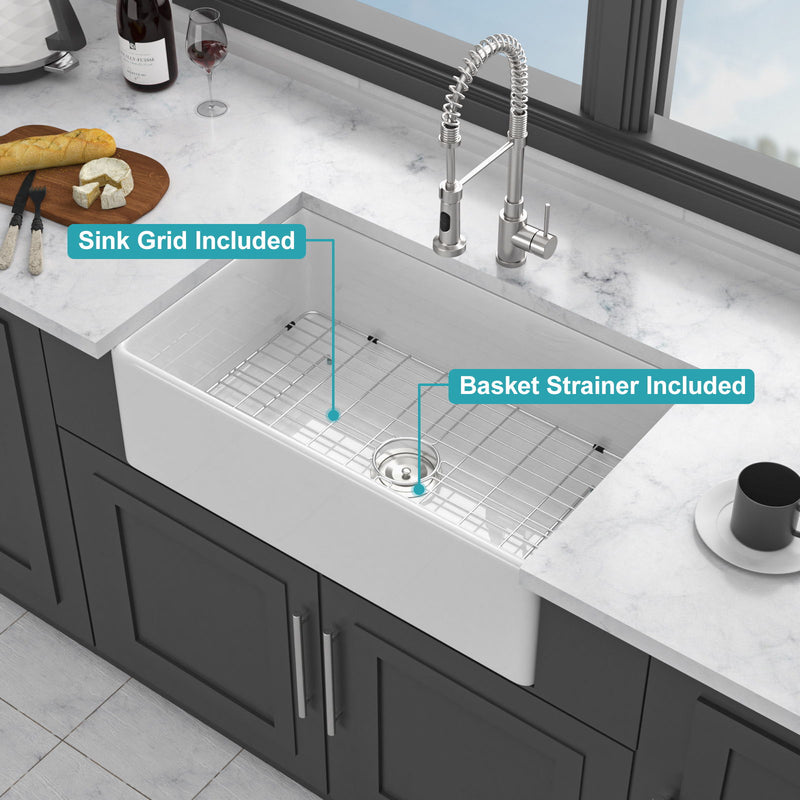 Ceramic Farmhouse Sink With Deep Basin And Stainless Steel Grid