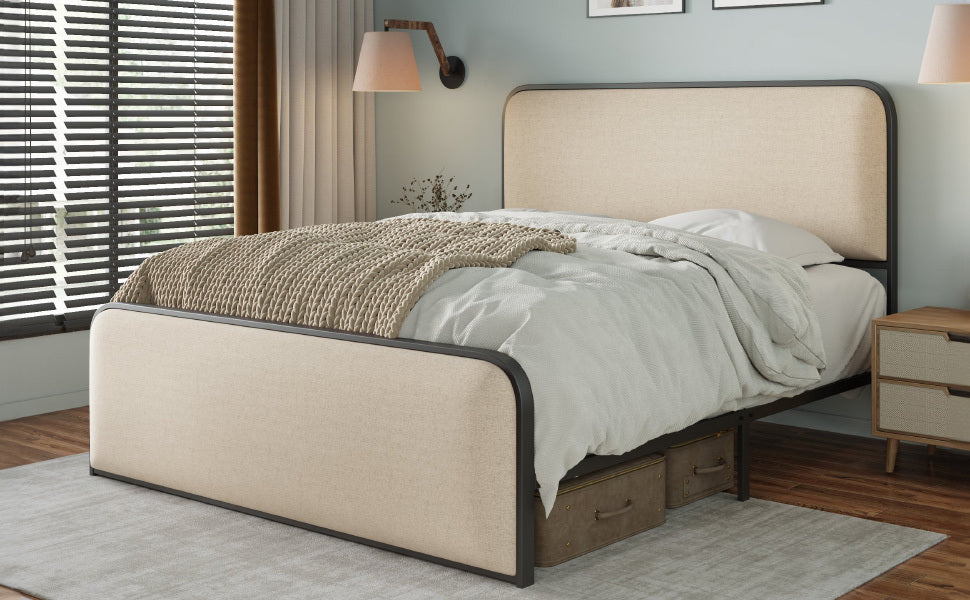 Modern Metal Bed Frame with Curved Upholstered Headboard and Footboard Bed with Under Bed Storage, Heavy Duty Metal Slats, Full Size, Beige - Atlantic Fine Furniture Melbourne FL
