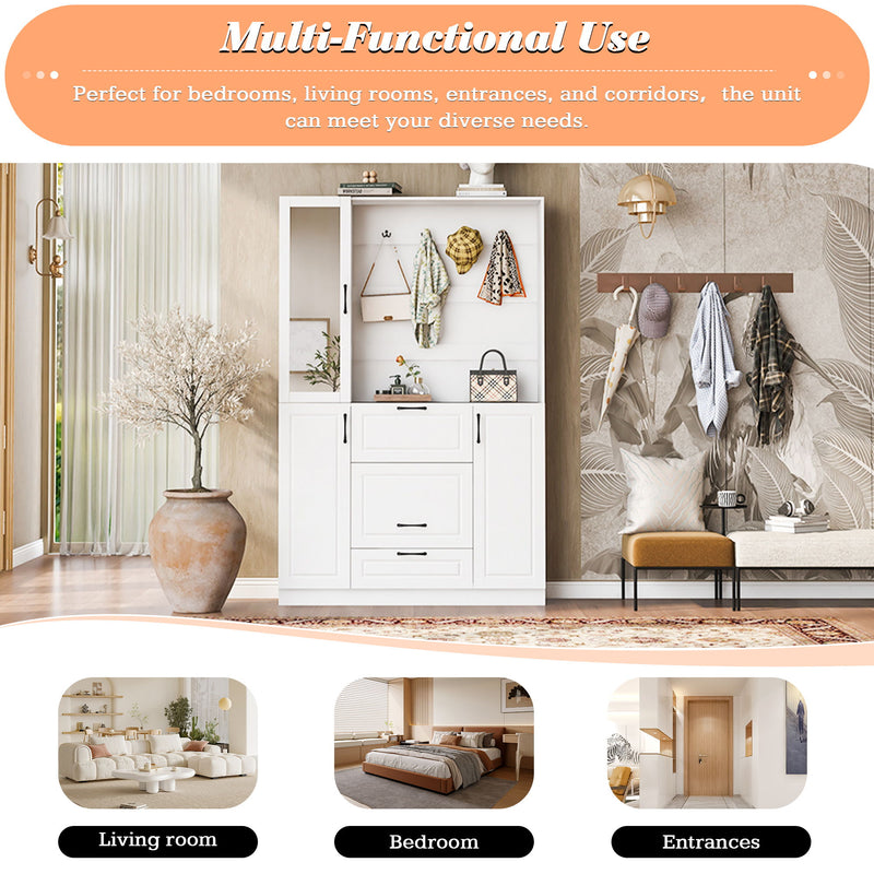 Entryway Bench With Integrated Shoe Cabinet, 3 In 1 Design And Mirrored Cabinet Door, Hall Tree With 4 Sturdy Hooks And Foldable Seat For Entrance, Living Room - White