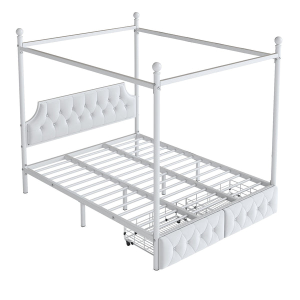 Canopy Platform Bed With Upholstered Headboard And 2 Storage Drawers - White