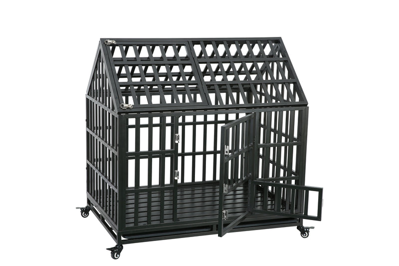 Heavy Duty Dog Cage Pet Crate With Roof - Black