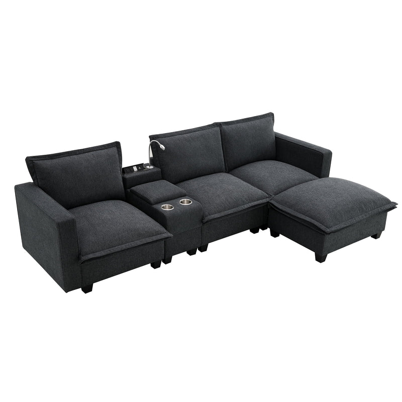 Modern Sectional Cloud Sofa With Console, USB Charging Port, Reading Light, Cup Holder, 4 Seat Chenille Modular Couch, Storable Indoor Funiture For Living Room, Apartment