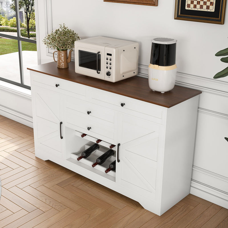 Rustic Farmhouse Kitchen Island With Storage Cabinet, Wood Top Breakfast Bar - White