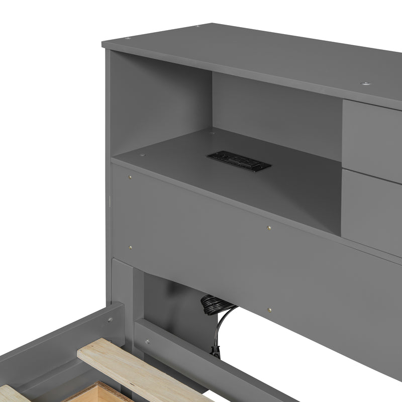 Full Size Wood Pltaform Bed with win Size Trundle, 3 Drawers, Upper Shelves and a set of USB Ports & Sockets, Gray