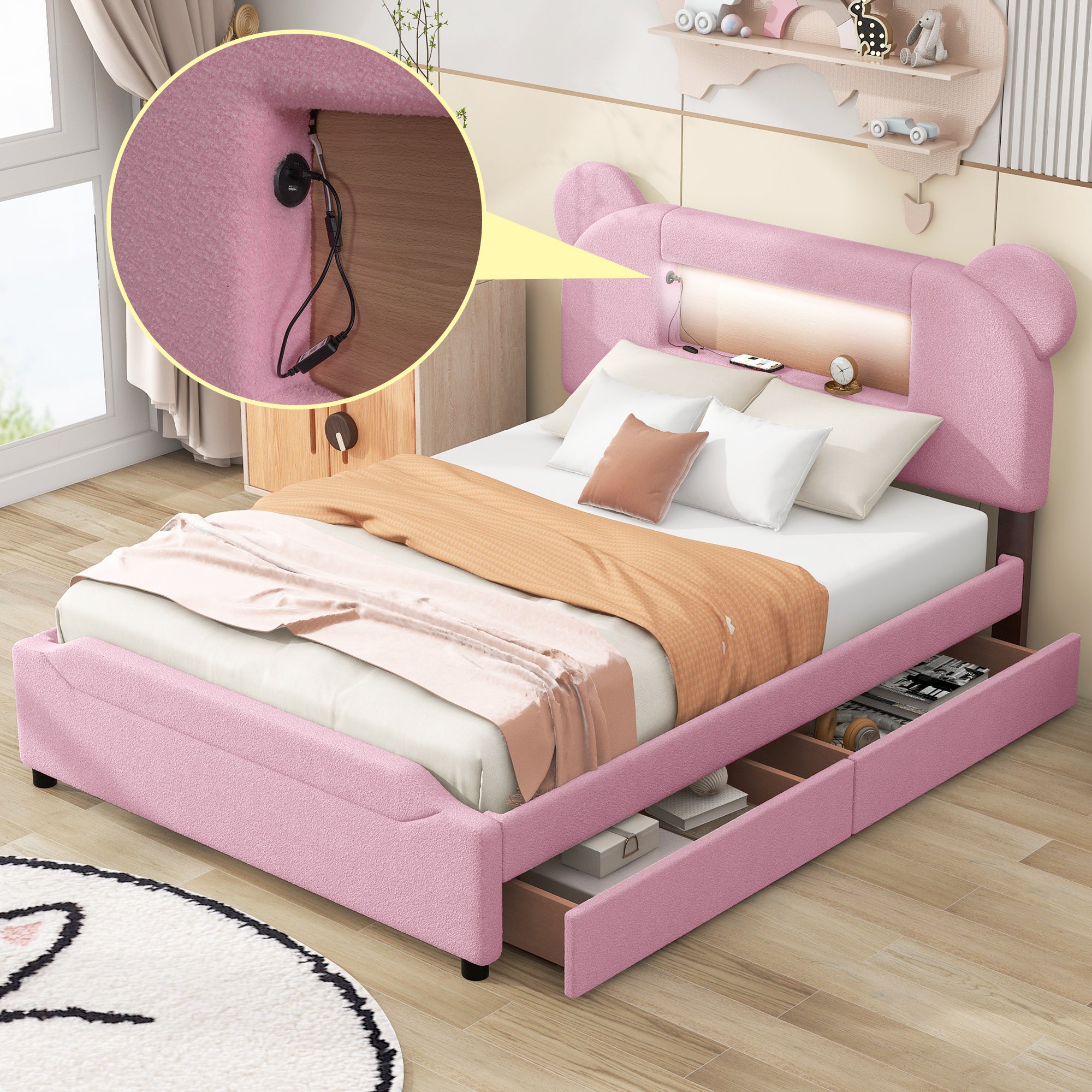Full Size Upholstered Storage Platform Bed with Cartoon Ears Headboard, LED and USB, Pink - Atlantic Fine Furniture Melbourne FL