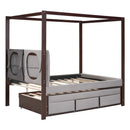 Full Size Upholstered  Canopy Bed with Trundle and 3 Drawers, Gray
