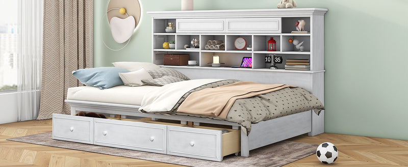 Twin Size Wood Daybed with Multi-Storage Shelves, Charging Station and 3 Drawers, Antique White