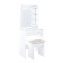 Space Saving Makeup Vanity Desk With Mirror & Adjustable Led Lights, Built-In Power Outlet, Hidden Storage, Includes Stool & Shelf - White