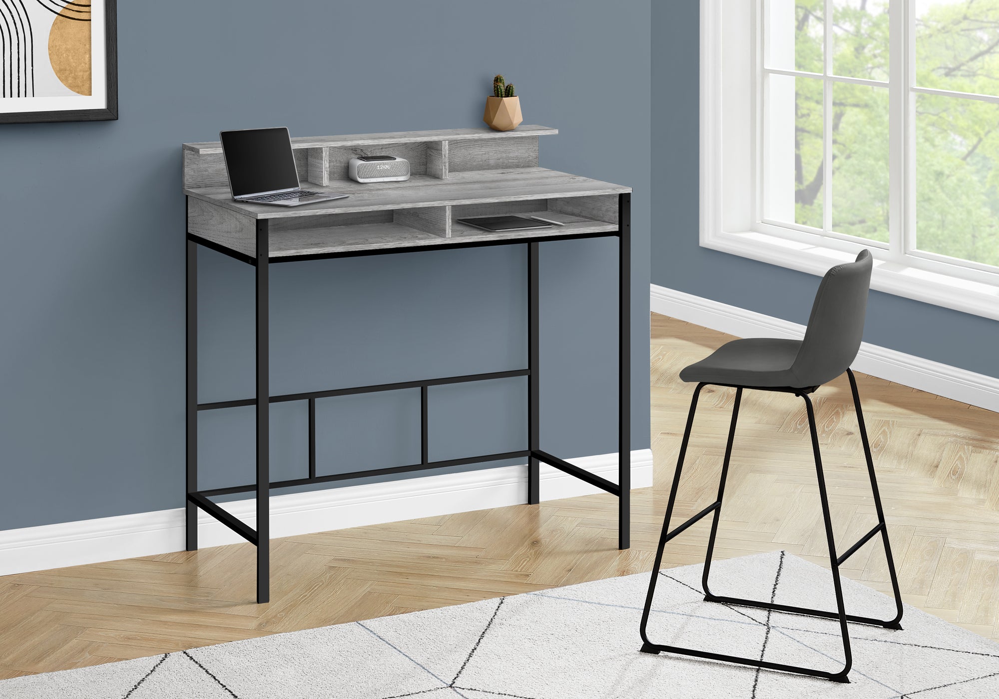 Computer Desk, Home Office, Standing, Storage Shelves, 48'l, Work, Laptop, Grey Laminate, Black Metal, Contemporary, Modern