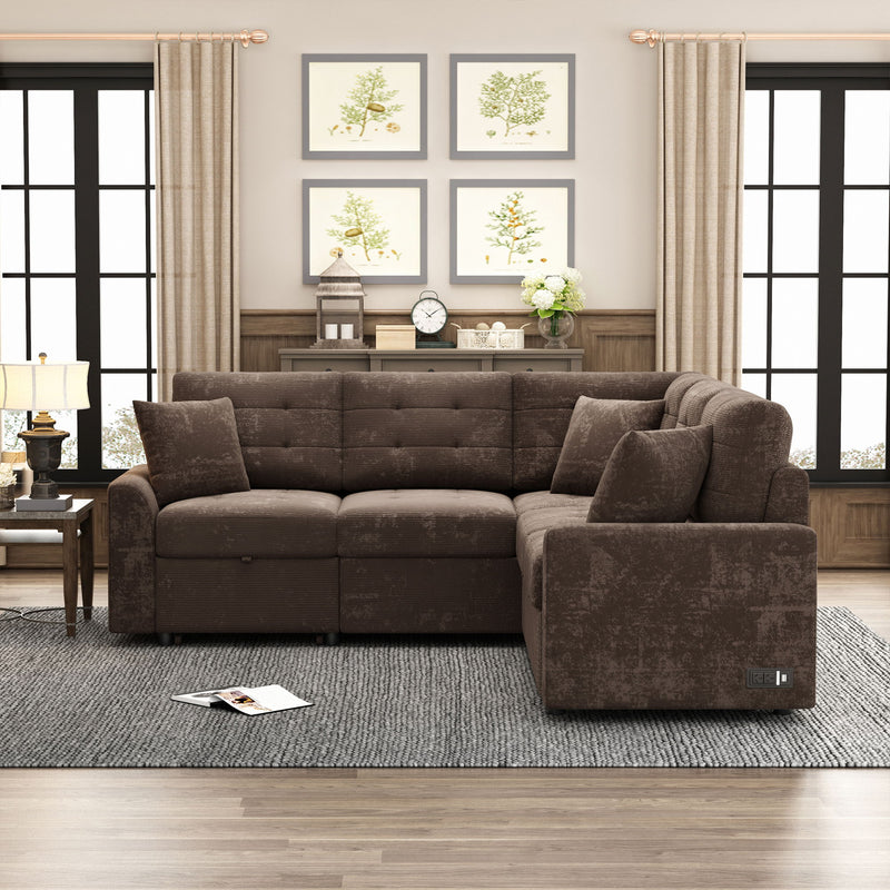 L-Shape Sofa Bed Pull-Out Sleeper Sofa With Wheels, USB Ports, Power Sockets For Living Room