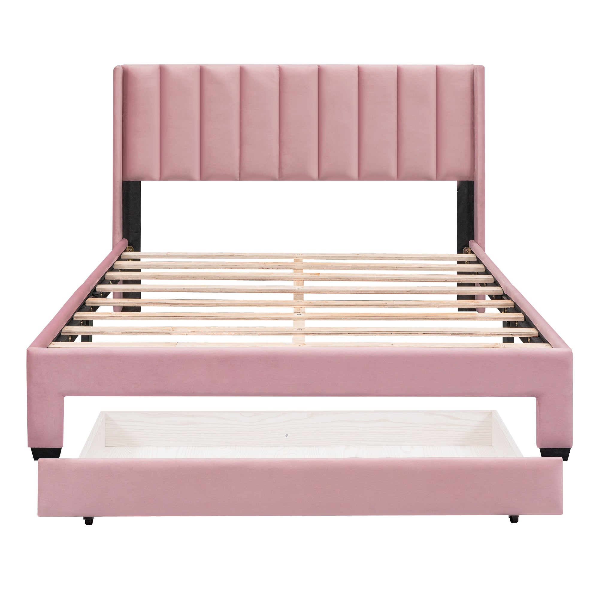 Queen Size Storage Bed Velvet Upholstered Platform Bed with a Big Drawer - Pink - Atlantic Fine Furniture Melbourne FL