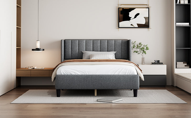 Queen size Upholstered Platform Bed Frame with Headboard Mattress Foundation Wood Slat Support Quiet no Box Spring Needed Easy to Assemble Light Grey Atlantic Fine Furniture Inc