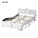 Full Size Upholstered Faux Leather Platform Bed with LED Light Bed Frame with Slatted - White