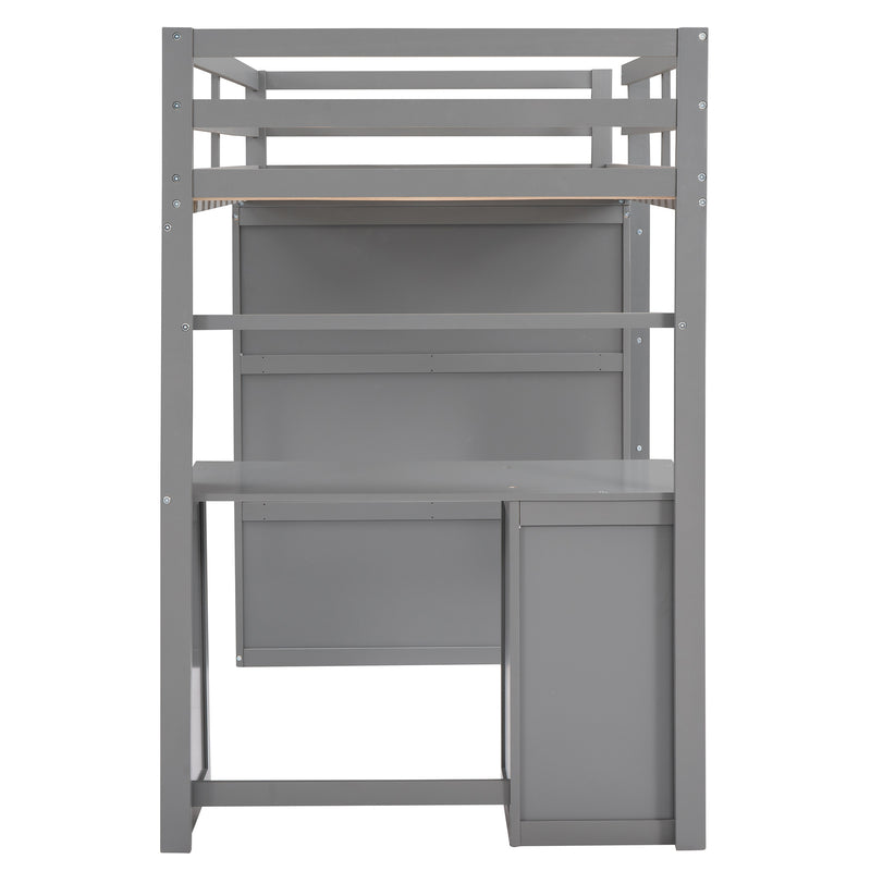 Twin size Loft Bed with Drawers,Desk,and Wardrobe-Gray