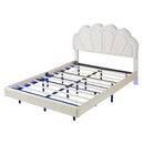 Full Upholstered Smart LED Bed Frame with Elegant Flowers Headboard,Floating Velvet Platform LED Bed with Wooden Slats Support,Beige