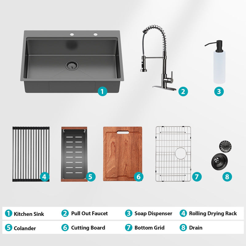 Drop In Workstation Sink Topmount Single Bowl With Pull Out Faucet And Soap Dispenser - Gunmetal Black