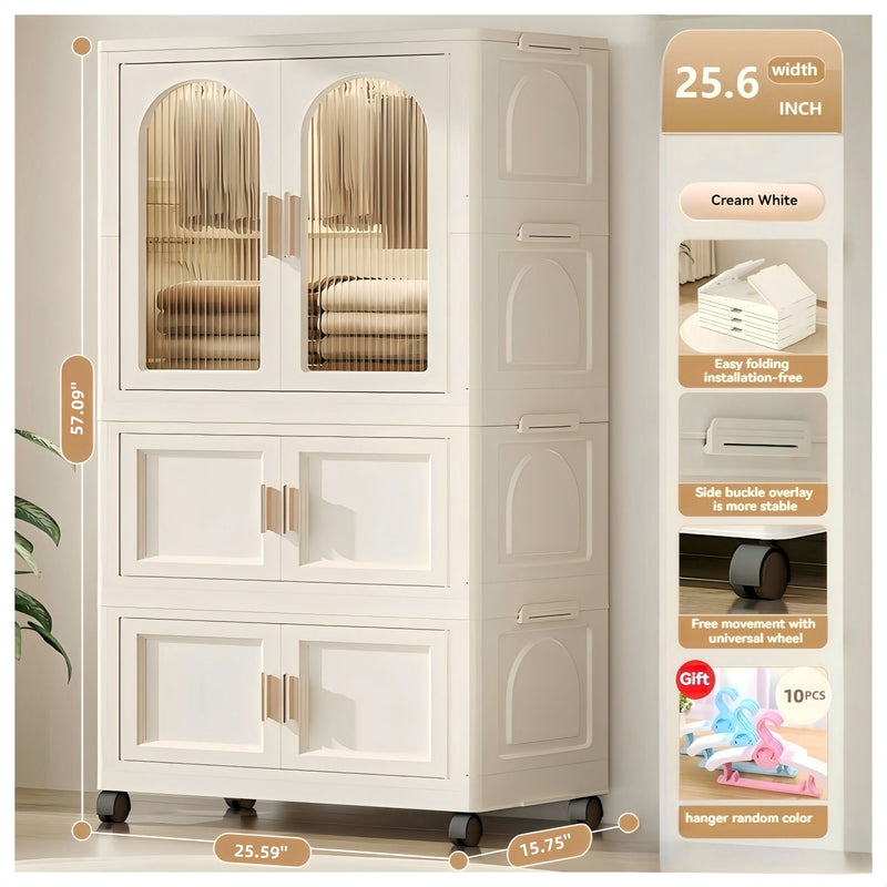Side Wide Folding Wardrobe, With Magnetic Door, Plastic Storage Cabinet With Wheels (1 Layer Of Wardrobe + 2 Layers Of Folding Boxes + 10 Hangers) - Cream White