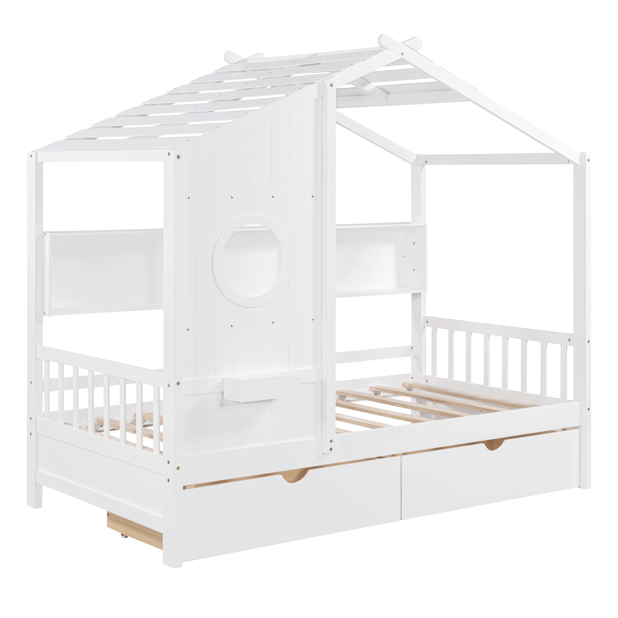Wooden Twin Size House Bed with 2 Drawers,Kids Bed with Storage Shelf, White - Atlantic Fine Furniture Melbourne FL