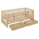 Daybed With Fence Guardrails And 2 Drawers, Split Into Independent Floor Bed & Daybed
