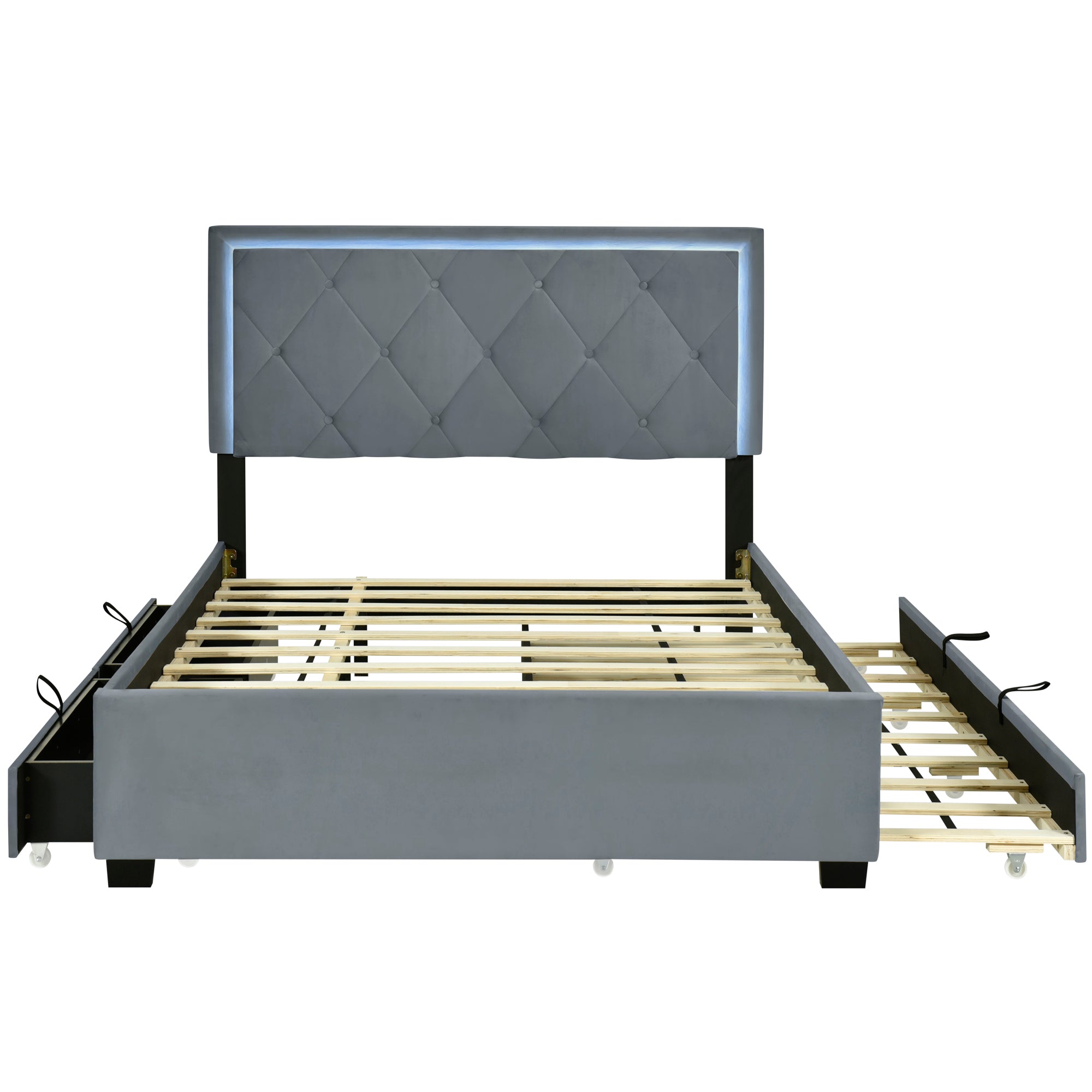 Full Size Velvet Storage Platform Bed, with 2 Big Drawers, T Size Trundle and LED Light, Gray - Atlantic Fine Furniture Melbourne FL