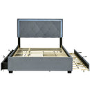 Full Size Velvet Storage Platform Bed, with 2 Big Drawers, T Size Trundle and LED Light, Gray