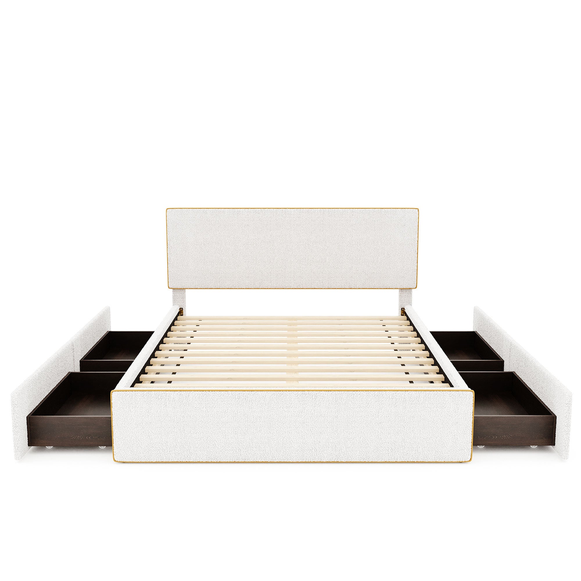 Queen Size Upholstered Platform Bed with 4 Drawers and Golden Edge on the Headboard & Footboard, White - Atlantic Fine Furniture Melbourne FL
