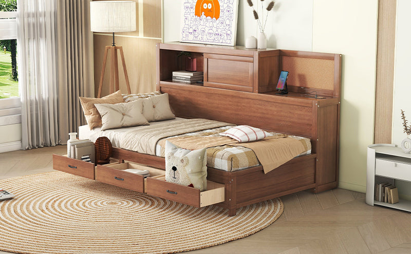 Twin Size Wooden Daybed with 3 Storage Drawers, Upper Soft Board, shelf, and a set of Sockets and USB Ports, Brown