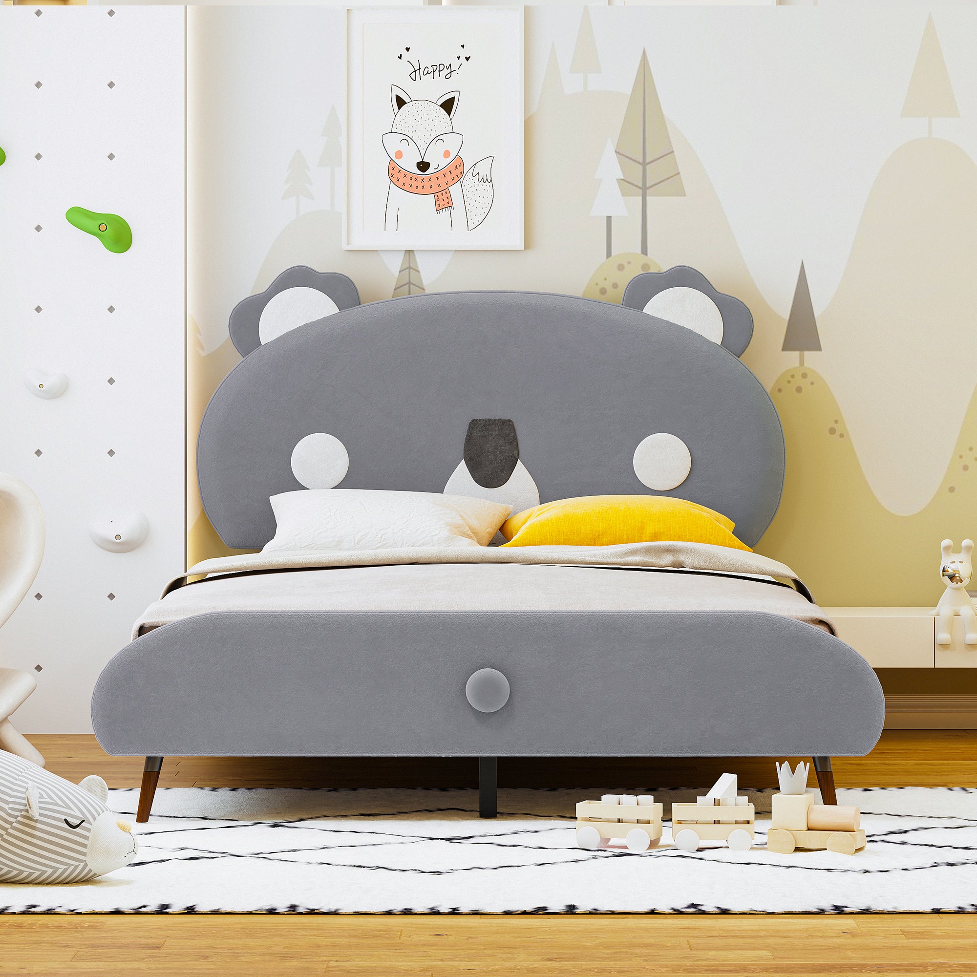 Full Size Upholstered Platform Bed with Koala-Shaped Headboard, Gray - Atlantic Fine Furniture Melbourne FL