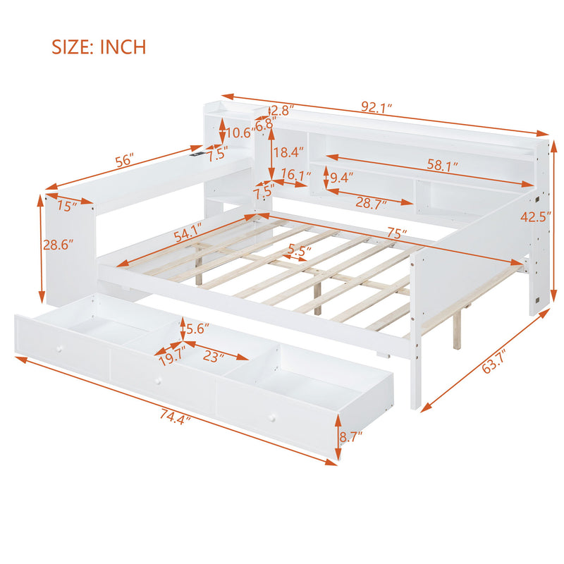 Wooden Daybed With 3 Drawers, USB Ports And Desk