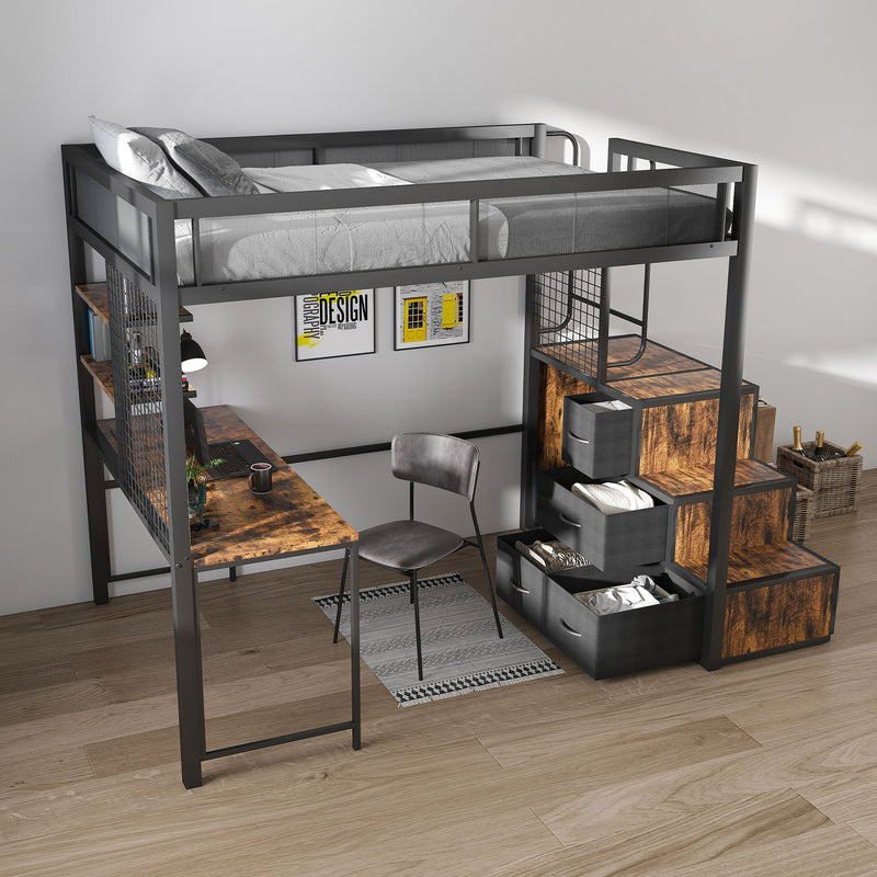 Heavy Duty Full Loft Bed With Desk & USB Charging Metal Frame With Storage Drawers And Staircase - Black