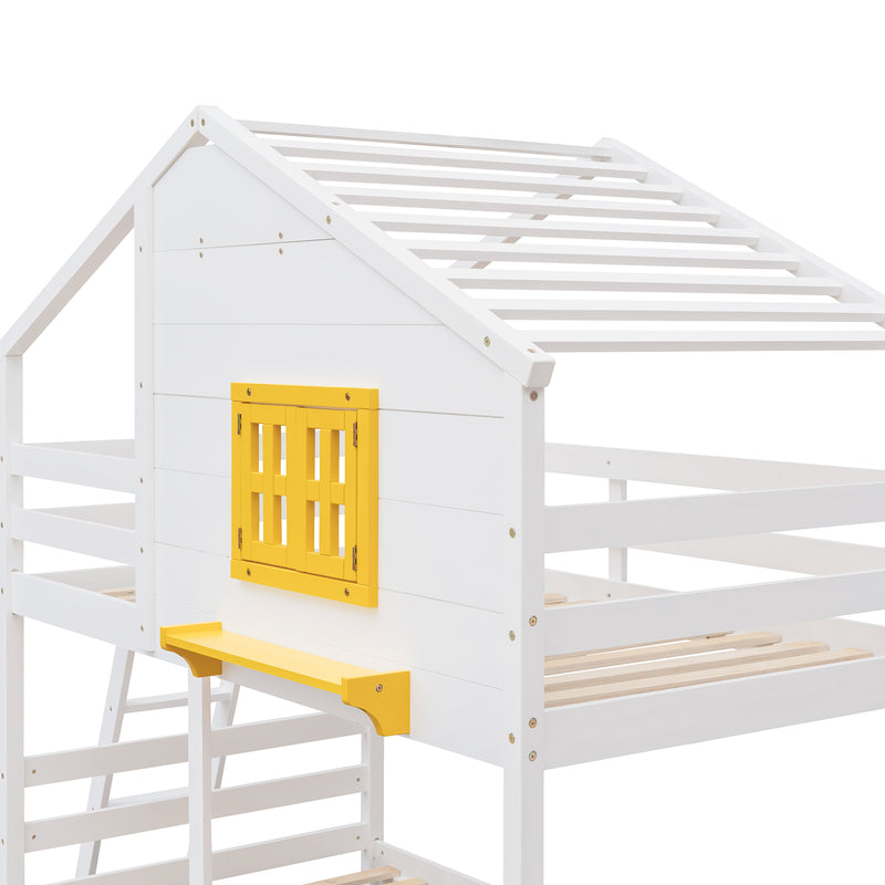 Twin over Twin Bunk Bed with 2 Drawers, 1 Storage Box, 1 Shelf, Window and Roof-White(OLD SKU:LT000608AAK)