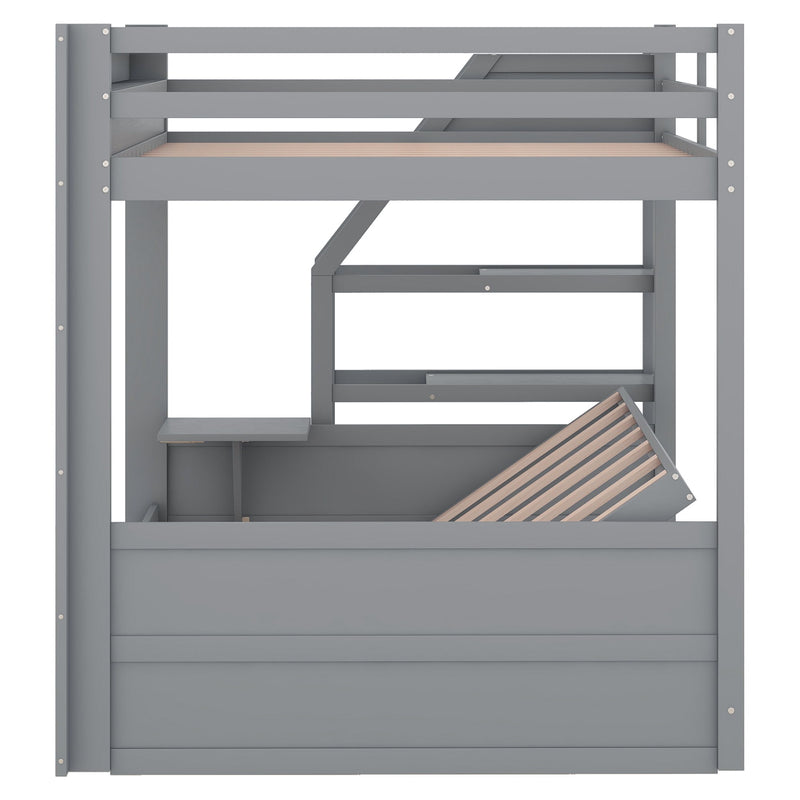 Wood Full Size Convertible Bunk Bed With Storage Staircase, Bedside Table, And 3 Drawers - Gray