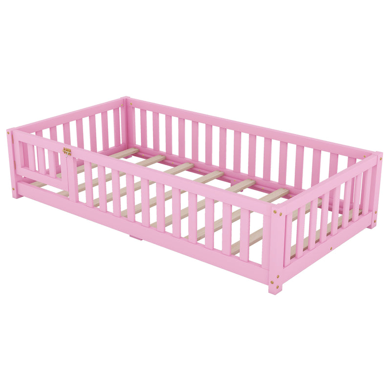 Twin Size Bed Floor Bed with Safety Guardrails and Door for Kids, Pink