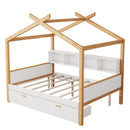 Wooden House Bed Original Wood Colored Frame With Bookshelf Storage Space
