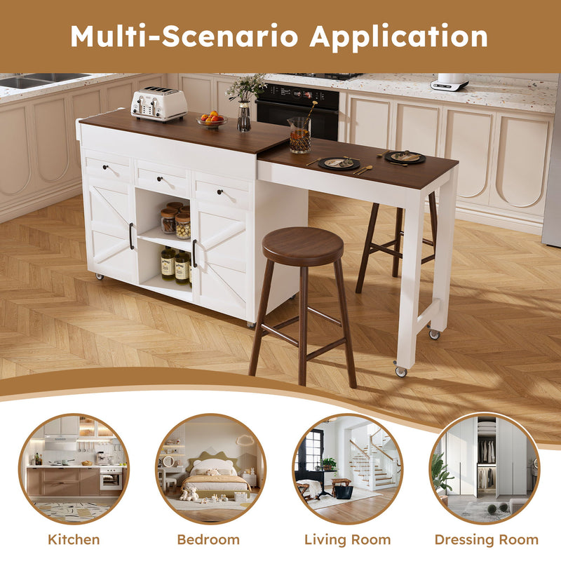 Modern Kitchen Island With Extendable Dining Table & Power Outlet - White